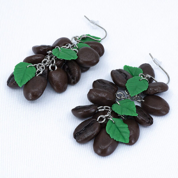 Серьги кофейные зёрна 12 шт грозди с зелёными листочками (Бижутерия)