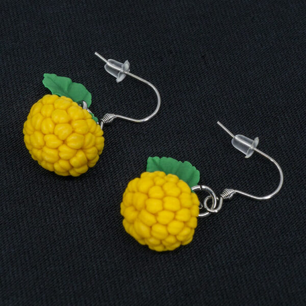 Серьги малинки жёлтые с зелёными листочками (Бижутерия)