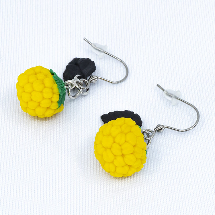 Серьги малинки жёлтые с чёрными листочками (Бижутерия)