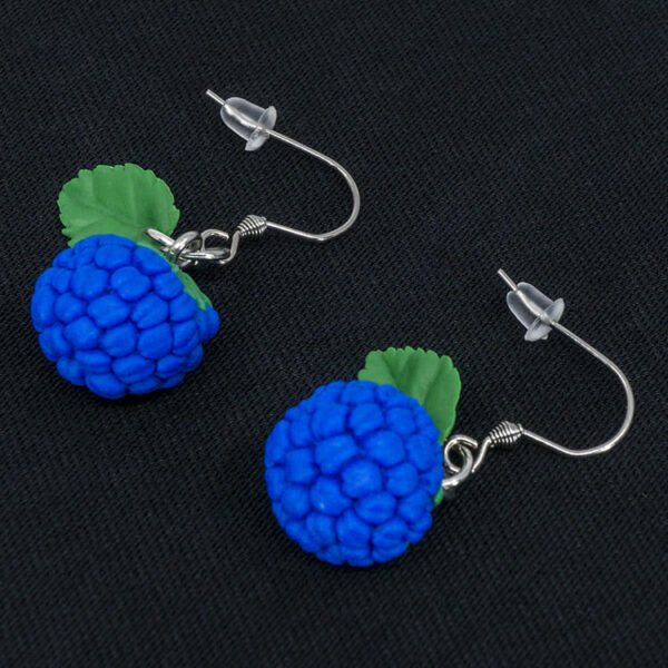 Серьги малинки синие с зелёными листочками (Бижутерия)