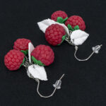 Серьги малинки красные 3 шт грозди с белыми листочками (Бижутерия)
