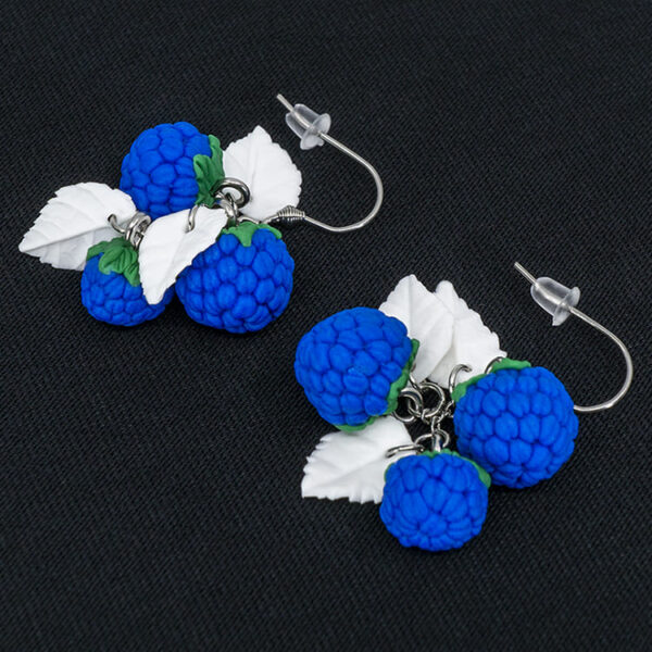 Серьги малинки синие 3 шт грозди с белыми листочками (Бижутерия)