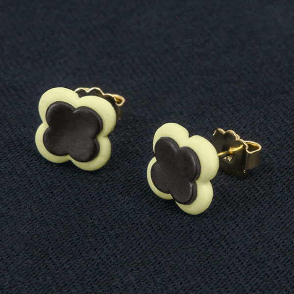 Серьги пусеты клевер Van Cleef графитовые, кремово-зеленые (золотые)