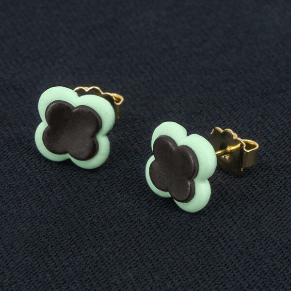 Серьги пусеты клевер Van Cleef графитовые, нефритовые (золотые)