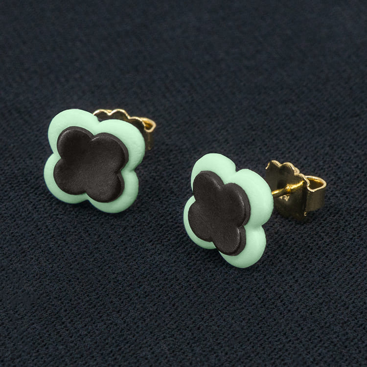 Серьги пусеты клевер Van Cleef графитовые, нефритовые (золотые)