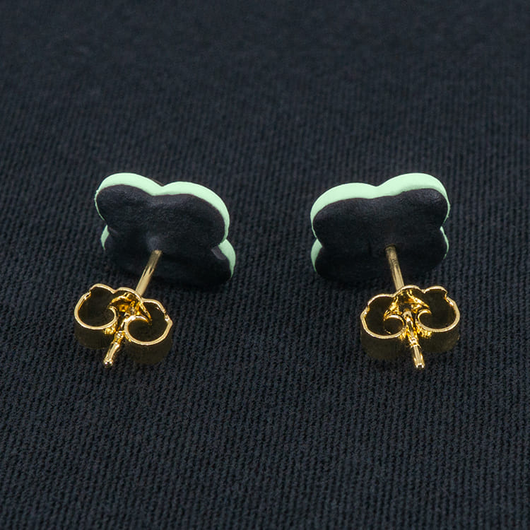 Серьги пусеты клевер Van Cleef графитовые, нефритовые (золотые)