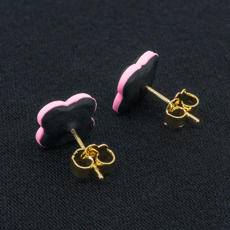 Серьги пусеты клевер Van Cleef графитовые, ярко-розовые (золотые)