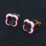 Серьги пусеты клевер Van Cleef графитовые, пурпурно-розовые (золотые)