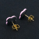 Серьги пусеты клевер Van Cleef графитовые, розовый кварц (золотые)