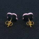 Серьги пусеты клевер Van Cleef графитовые, розовый кварц (золотые)