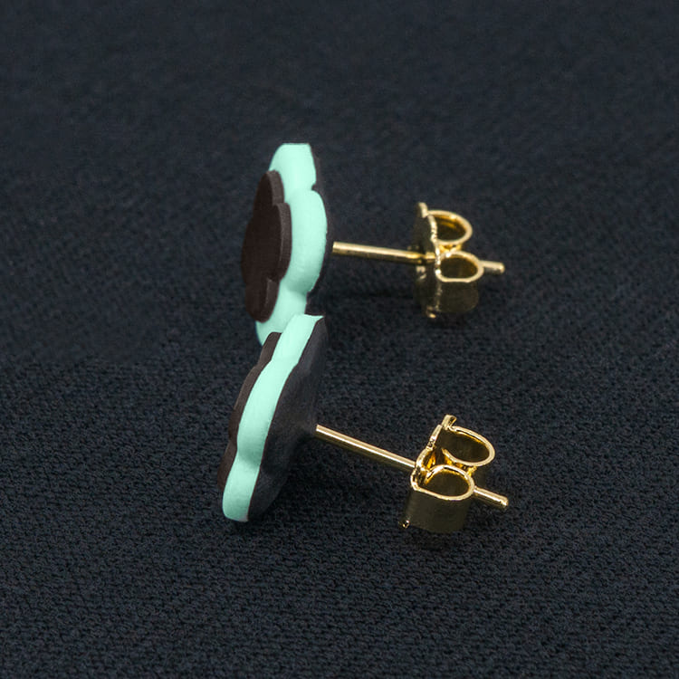 Серьги пусеты клевер Van Cleef горький шоколад, малахитовые (золотые)