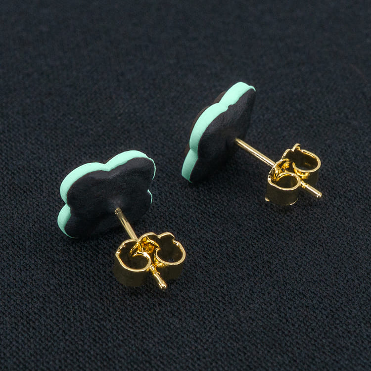 Серьги пусеты клевер Van Cleef горький шоколад, малахитовые (золотые)