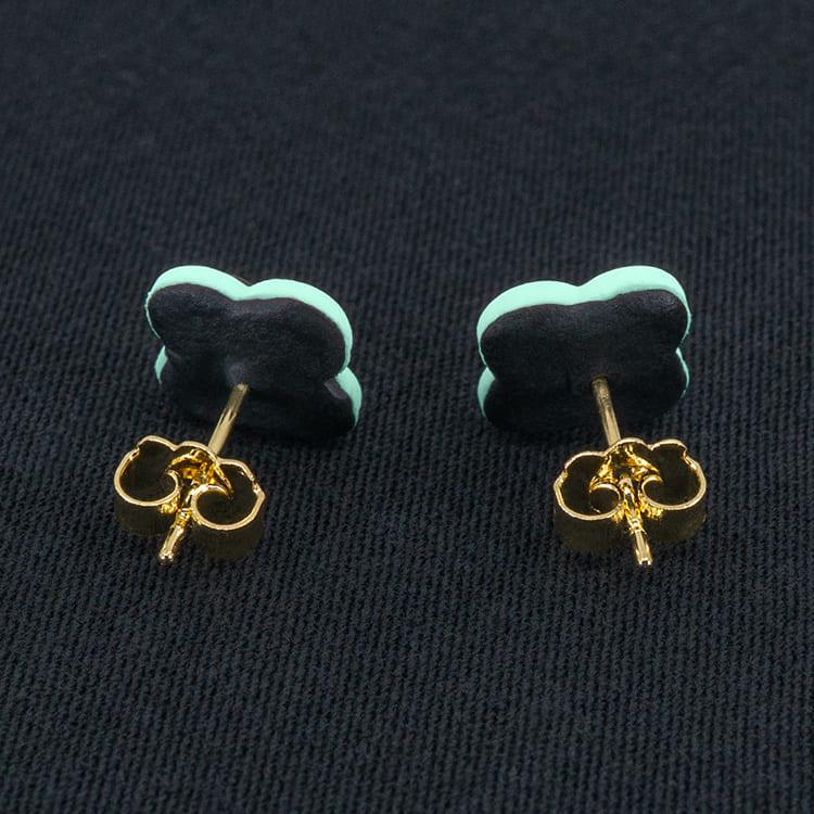 Серьги пусеты клевер Van Cleef горький шоколад, малахитовые (золотые)