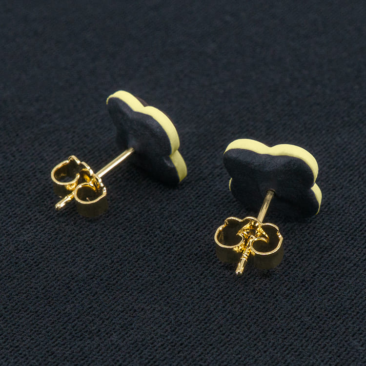 Серьги пусеты клевер Van Cleef темный шоколад, кремово-желтые (золотые)