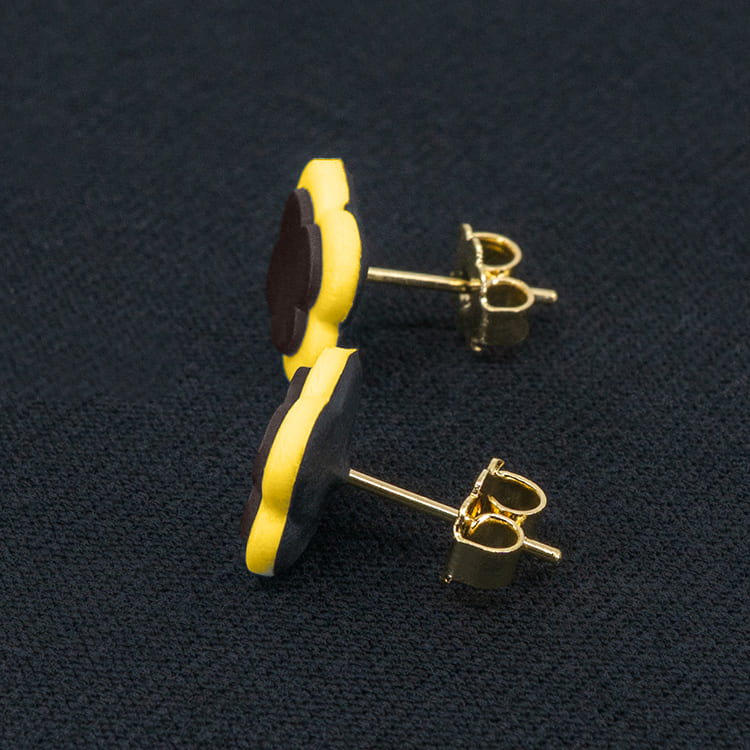 Серьги пусеты клевер Van Cleef темный шоколад, одуванчиковые (золотые)