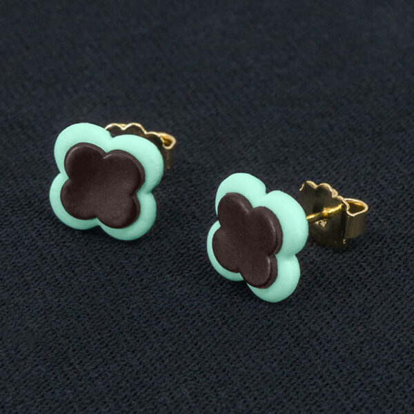 Серьги пусеты клевер Van Cleef темный шоколад, малахитовые (золотые)