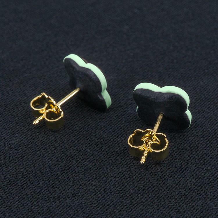 Серьги пусеты клевер Van Cleef темный шоколад, нефритовые (золотые)