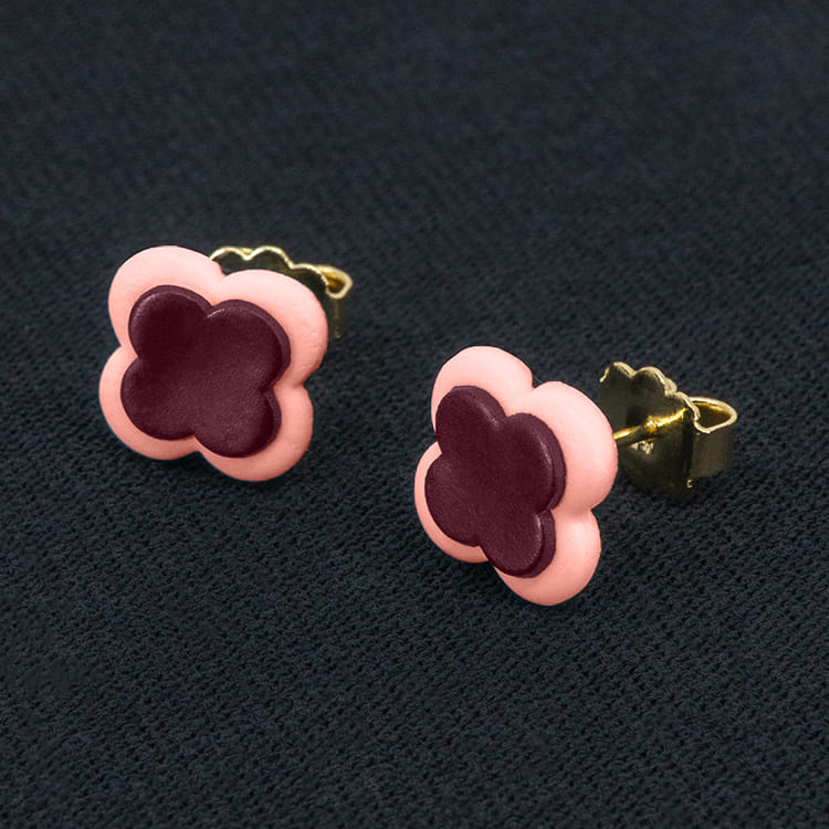 Серьги пусеты клевер Van Cleef орхидея, кремово-малиновые (золотые)