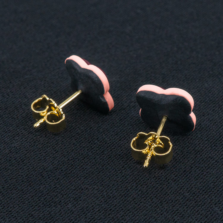 Серьги пусеты клевер Van Cleef орхидея, кремово-малиновые (золотые)