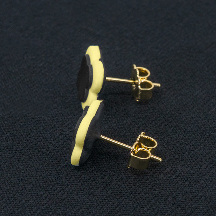 Серьги пусеты клевер Van Cleef обсидиановые, светло-болотные (золотые)