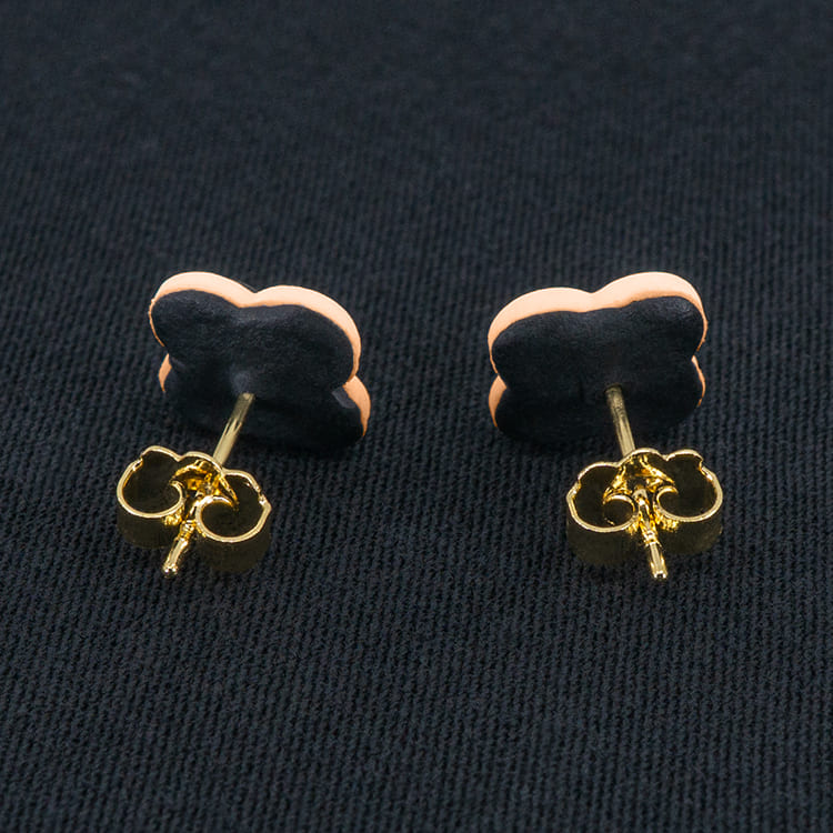 Серьги пусеты клевер Van Cleef обсидиановые, лососевые (золотые)