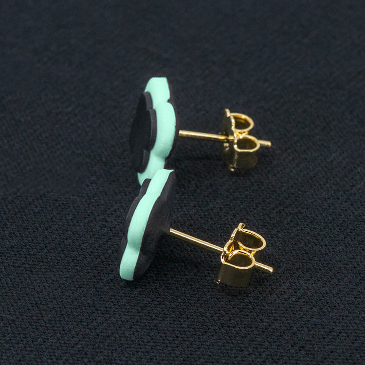 Серьги пусеты клевер Van Cleef стальные серые, малахитовые (золотые)