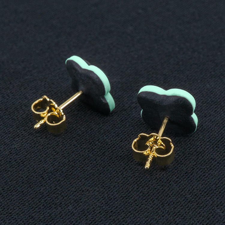 Серьги пусеты клевер Van Cleef стальные серые, малахитовые (золотые)