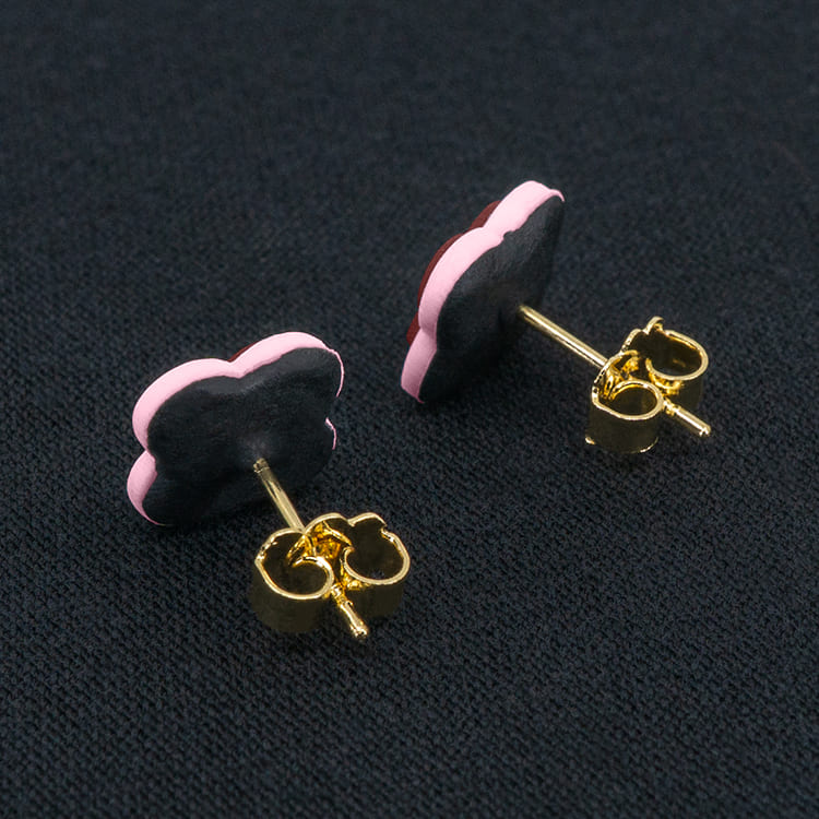 Серьги пусеты клевер Van Cleef вишневые, нежно-розовые (золотые)