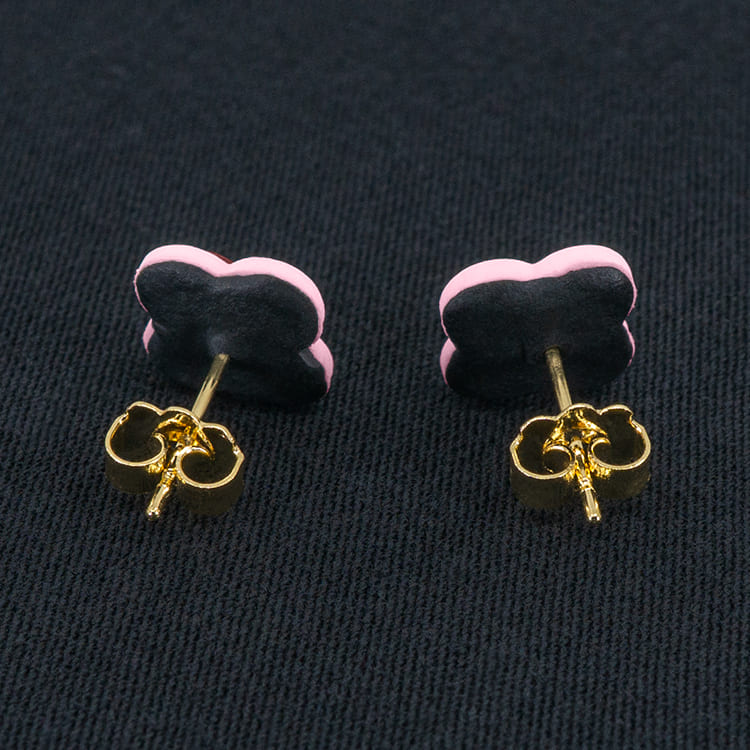 Серьги пусеты клевер Van Cleef вишневые, нежно-розовые (золотые)