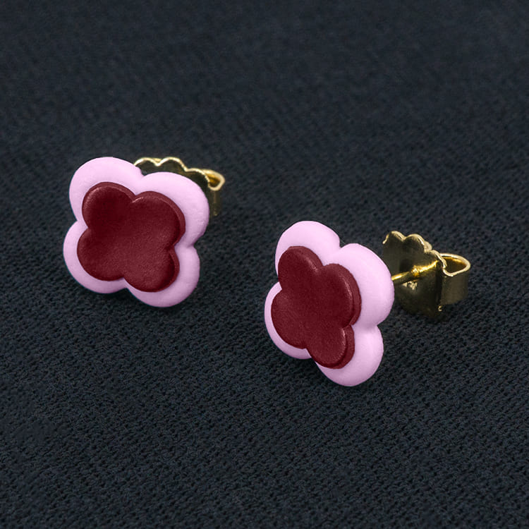 Серьги пусеты клевер Van Cleef темно-красные, кашемировая роза (золотые)