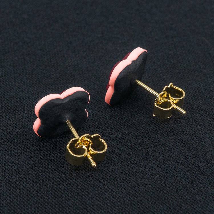 Серьги пусеты клевер Van Cleef темно-красные, кремово-малиновые (золотые)