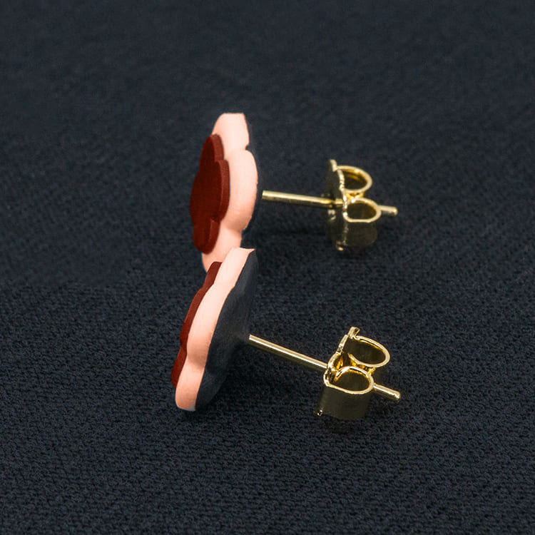 Серьги пусеты клевер Van Cleef терракотовые, кремово-розовые (золотые)