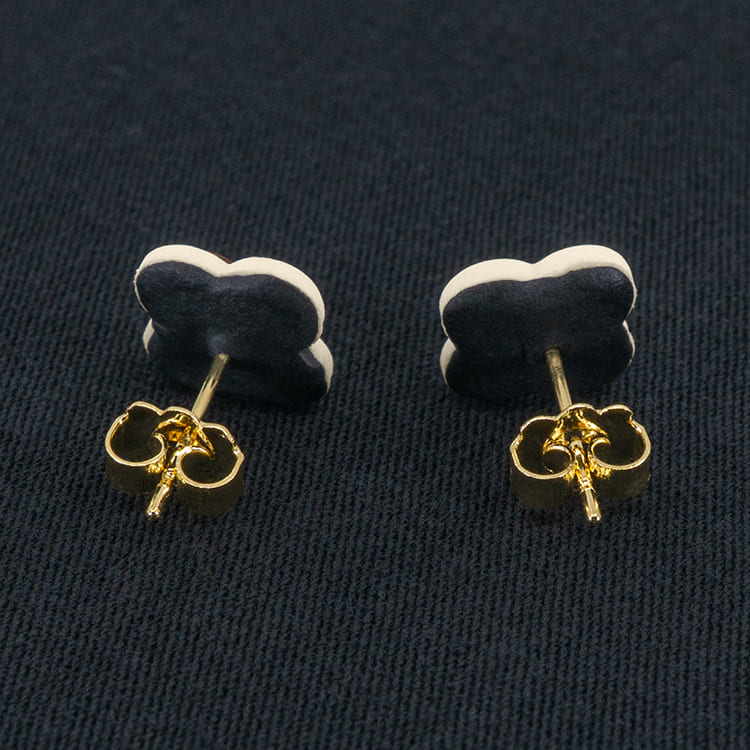 Серьги пусеты клевер Van Cleef ореховые, белый жасмин (золотые)