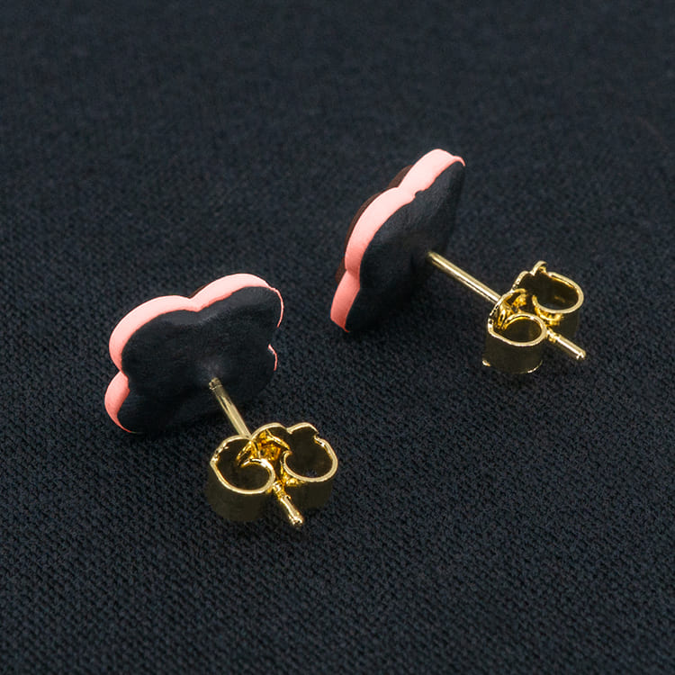 Серьги пусеты клевер Van Cleef ореховые, кремово-малиновые (золотые)
