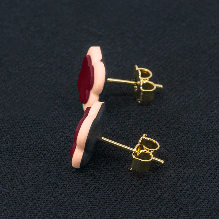 Серьги пусеты клевер Van Cleef арбузные, кремово-розовые (золотые)