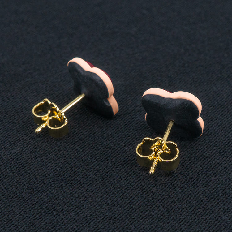 Серьги пусеты клевер Van Cleef арбузные, кремово-розовые (золотые)