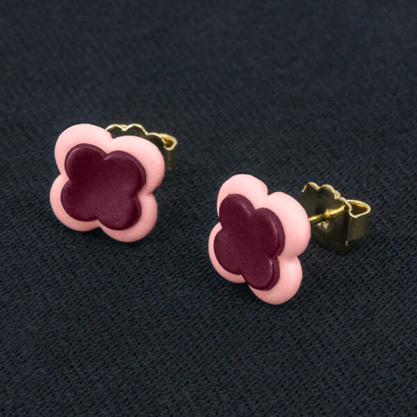 Серьги пусеты клевер Van Cleef темно-розовые, пастельно-розовые (золотые)