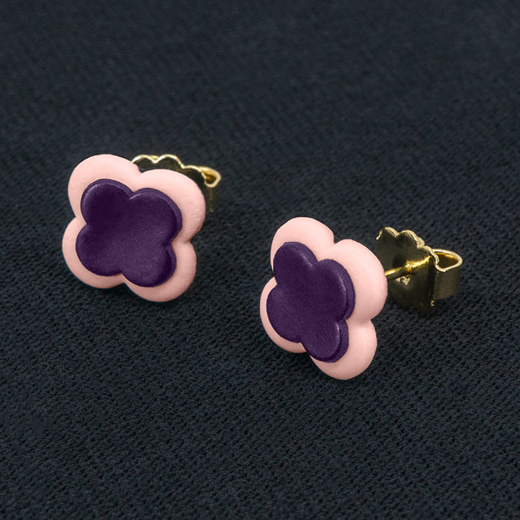 Серьги пусеты клевер Van Cleef виноградные, бледно-розовые (золотые)