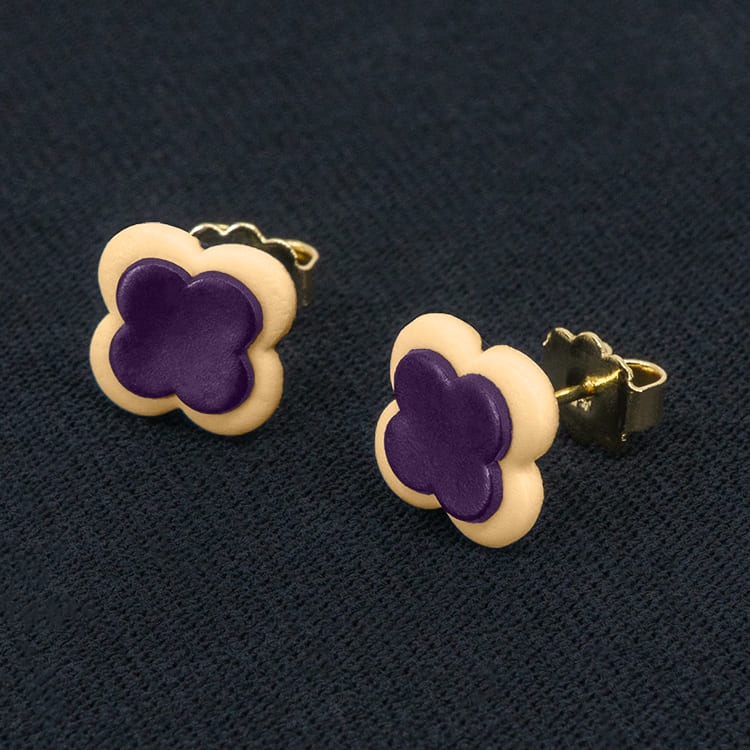 Серьги пусеты клевер Van Cleef виноградные, персиковый пух (золотые)