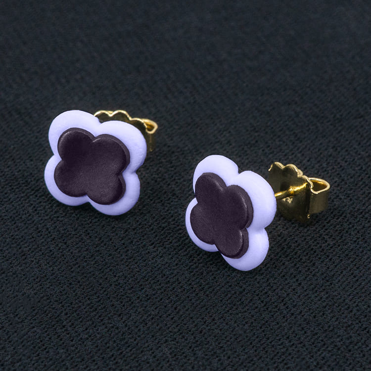 Серьги пусеты клевер Van Cleef темно-фиолетовые, бледно-лиловые (золотые)