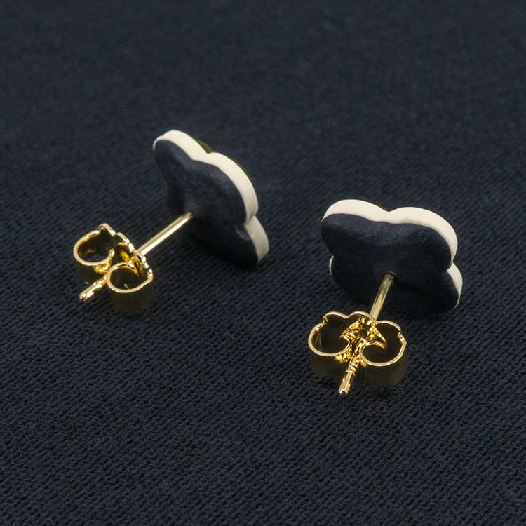 Серьги пусеты клевер Van Cleef болотные, белый жасмин (золотые)