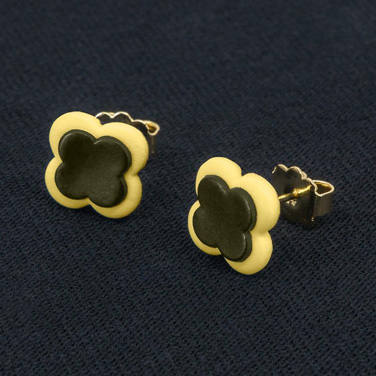 Серьги пусеты клевер Van Cleef серебристо-коричневые, светло-желтые (золотые)