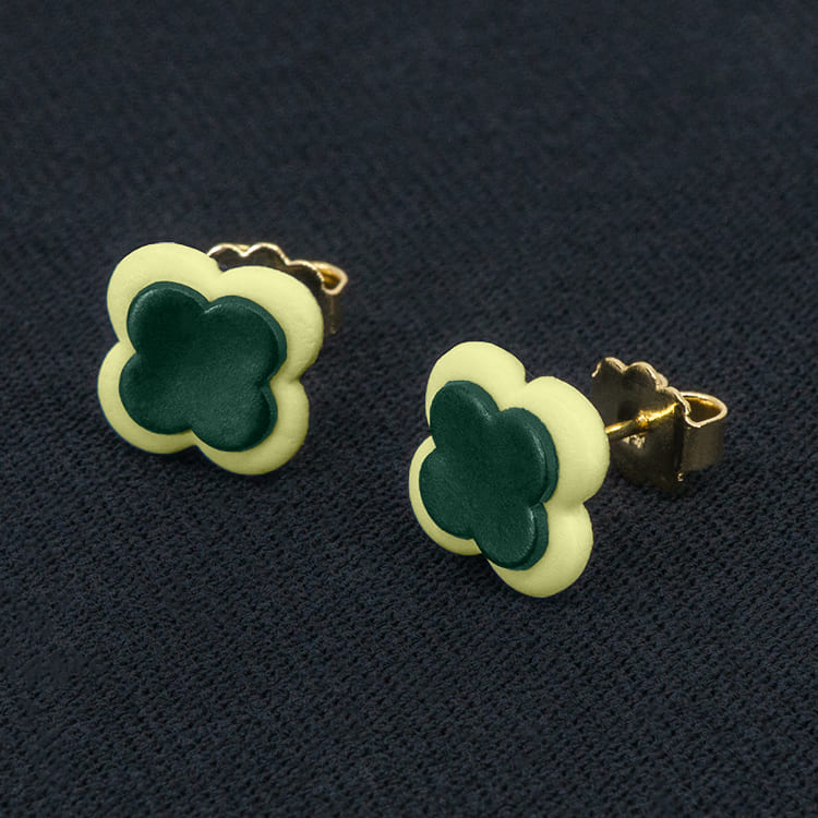Серьги пусеты клевер Van Cleef синевато-зеленые, кремово-зеленые (золотые)