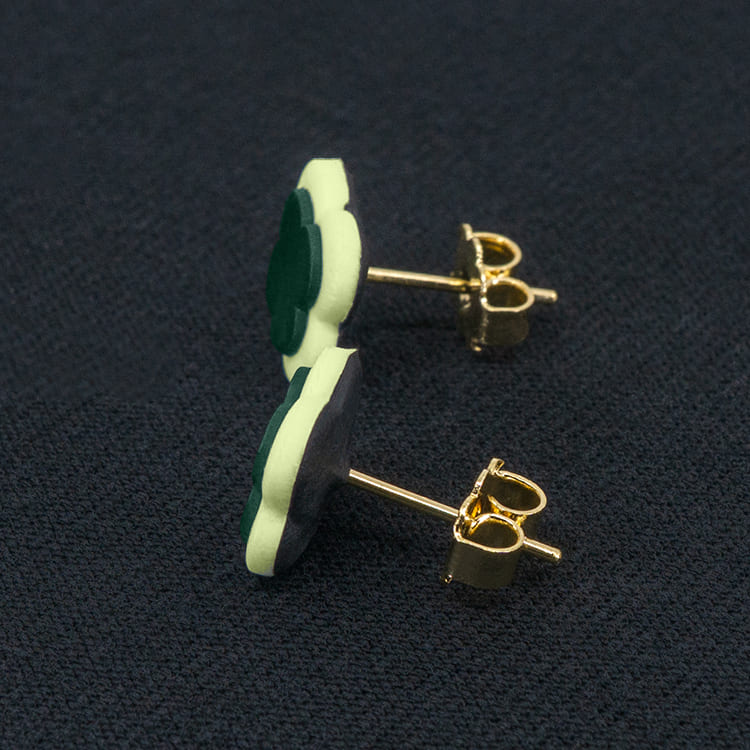 Серьги пусеты клевер Van Cleef синевато-зеленые, латуковые (золотые)