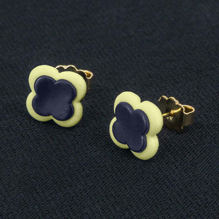 Серьги пусеты клевер Van Cleef темно-синие, кремово-зеленые (золотые)