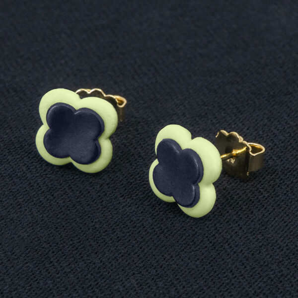Серьги пусеты клевер Van Cleef темно-синие, латуковые (золотые)