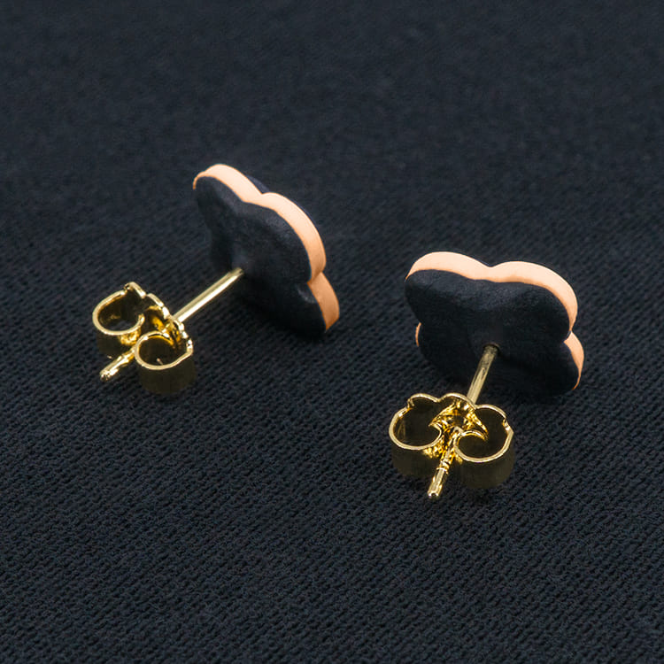 Серьги пусеты клевер Van Cleef темно-синие, лососевые (золотые)