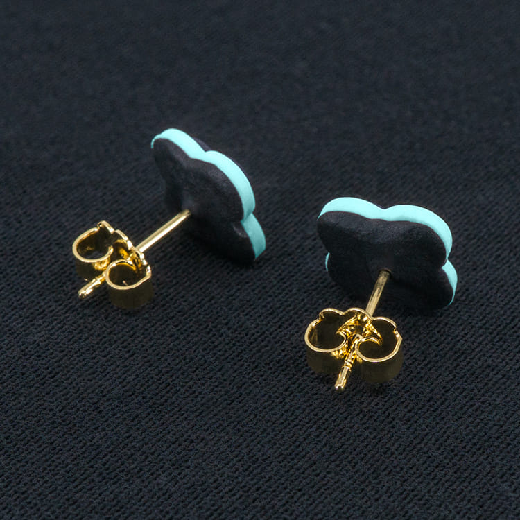 Серьги пусеты клевер Van Cleef темно-синие, карибские (золотые)