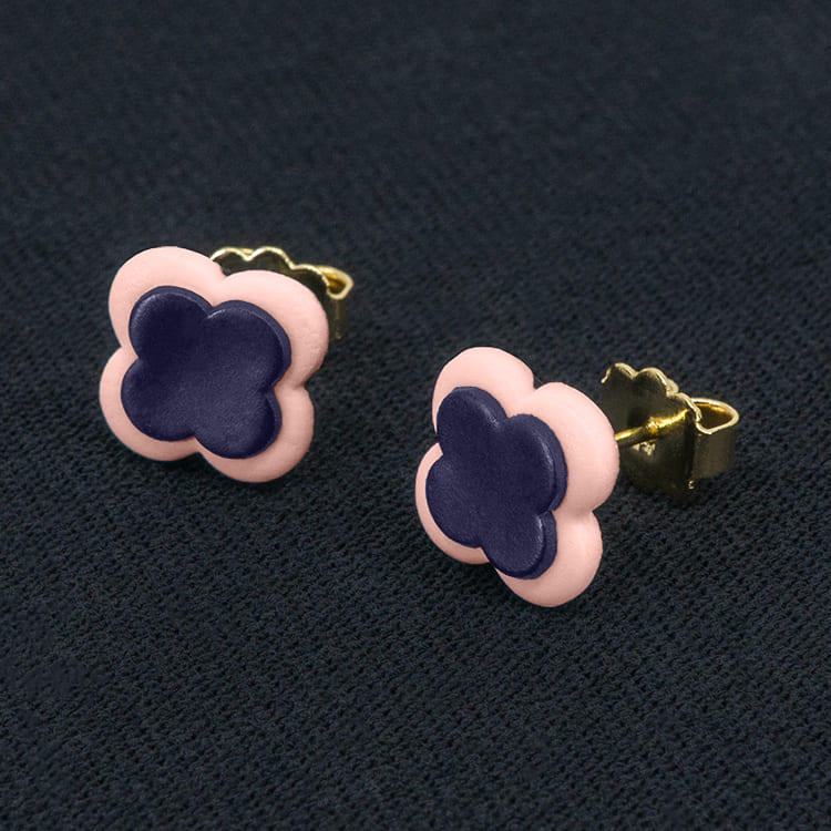 Серьги пусеты клевер Van Cleef ярко-фиолетовые, бледно-розовые (золотые)