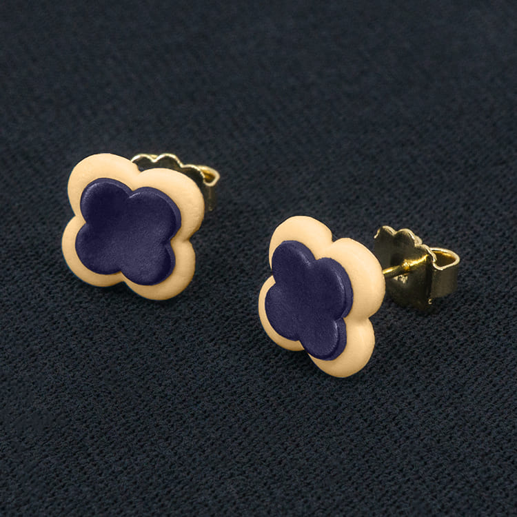 Серьги пусеты клевер Van Cleef ярко-фиолетовые, персиковый пух (золотые)